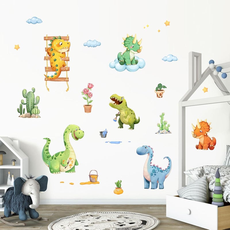 Decvictor Watercolor Funny Dinosaur Wall Decals, Cartoon Cute Dino Playing Cacti Wall Stickers Vinyl Peel and Stick Wall Decal Self Adhesive Wall Art Sticker for Baby Nursery Kids Room Home Decor - Image 2